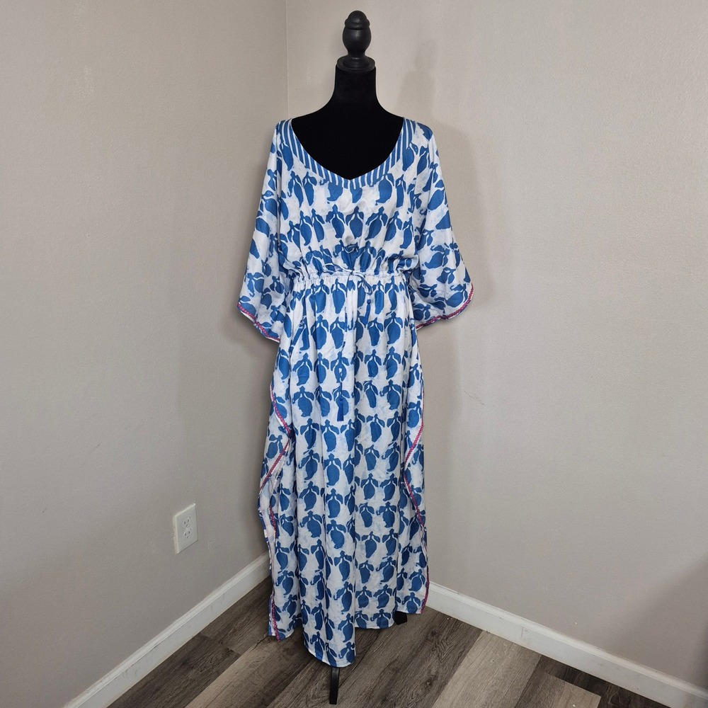Miss Lavish London Kaftan Maxi Dress Blue White Leaf Print Small NWT